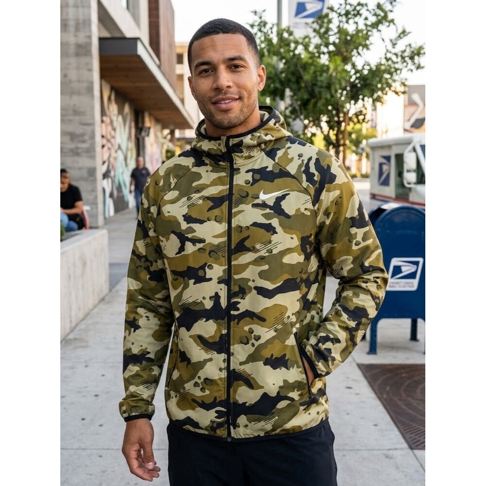 Nike Mens Dri-FIT Lightweight Camo Running Jacket Hooded Zip Up Size Large L